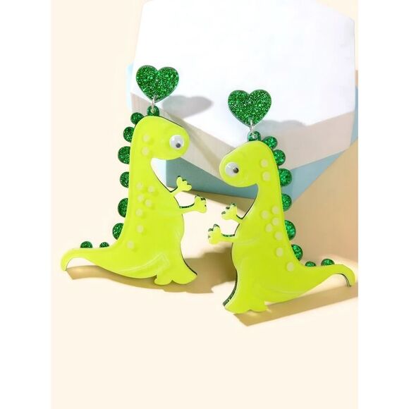 Bright Green Dinosaur Earrings with Googly Eyes - Picture 8 of 8